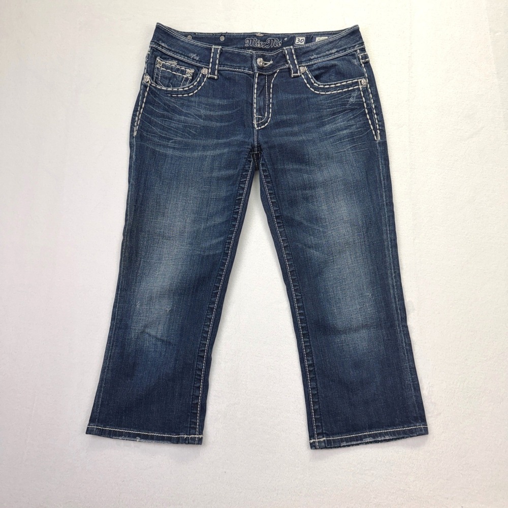 Miss Me Capri Jeans Womens 30 Blue Y2K Thick Stitch Embellished Rock Buckle